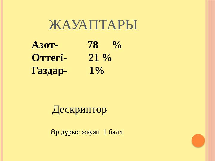 ЖАУАПТАРЫ Дескриптор Әр дұрыс жауап 1 баллАзот- 78 % Оттегі-