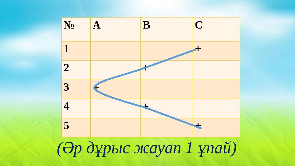 № А В С 1 + 2 + 3 + 4 + 5 + (Әр дұрыс жауап 1 ұпай)