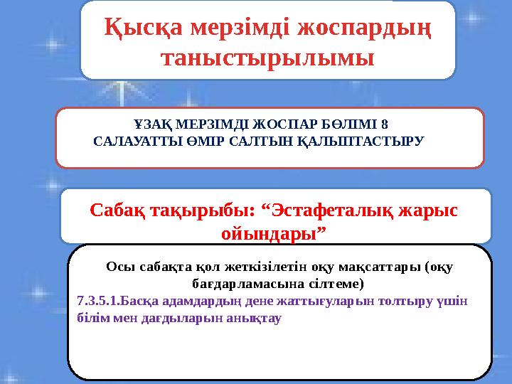 Қысқа мерзімді жоспардың таныстырылымы ҰЗАҚ МЕРЗІМДІ ЖОСПАР БӨЛІМІ 8 САЛАУАТТЫ ӨМІР САЛТЫН ҚАЛЫПТАСТЫРУ Сабақ тақырыбы: “Эстаф