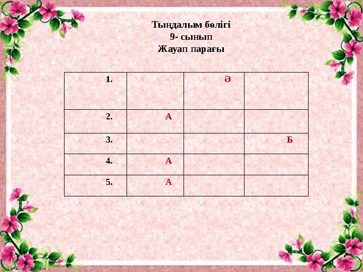 1. Ә 2. А 3. Б 4. А 5 . АТыңдалым бөлігі 9- сынып Жауап парағы