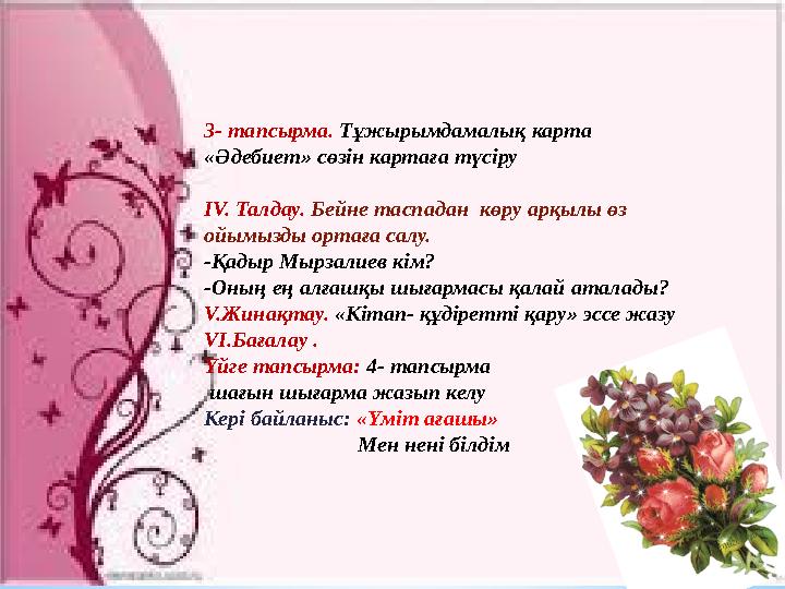 3- тапсырма. Тұжырымдамалық карта «Әдебиет» сөзін картаға түсіру IV. Талдау. Бейне таспадан көру арқылы өз ойымызды ортаға