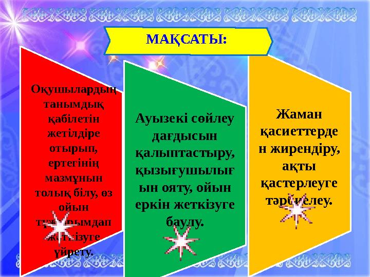 М А Қ С А Т Ы : Оқушылардың танымдық қабілетін жетілдіре отырып, ертегінің мазмұнын толық білу, өз ойын тұжырымдап жет