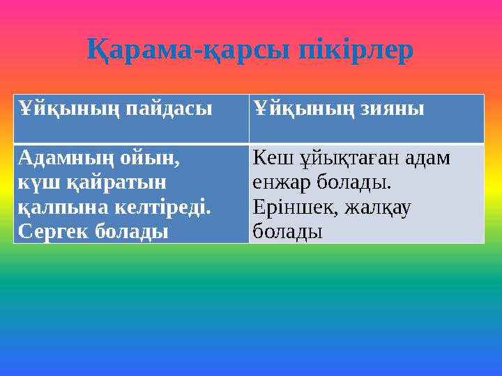 Қарама-қарсы пікірлер Ұйқының пайдасы Ұйқының зияны Адамның ойын, күш қайратын қалпына келтіреді. Сергек бола
