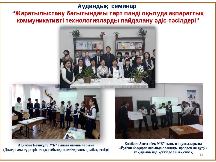 1414Адилова Баянсұлу 7“Б” сынып оқушыларына « Диаграмма түрлері » тақырыбында қостілде ашық сабақ өткізді. Аудандық семинар
