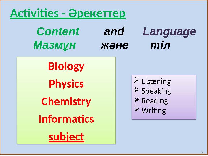 6Activities - Әрекеттер  Listening  Speaking  Reading  WritingBiology Physics Chemistry Informatics subject Content