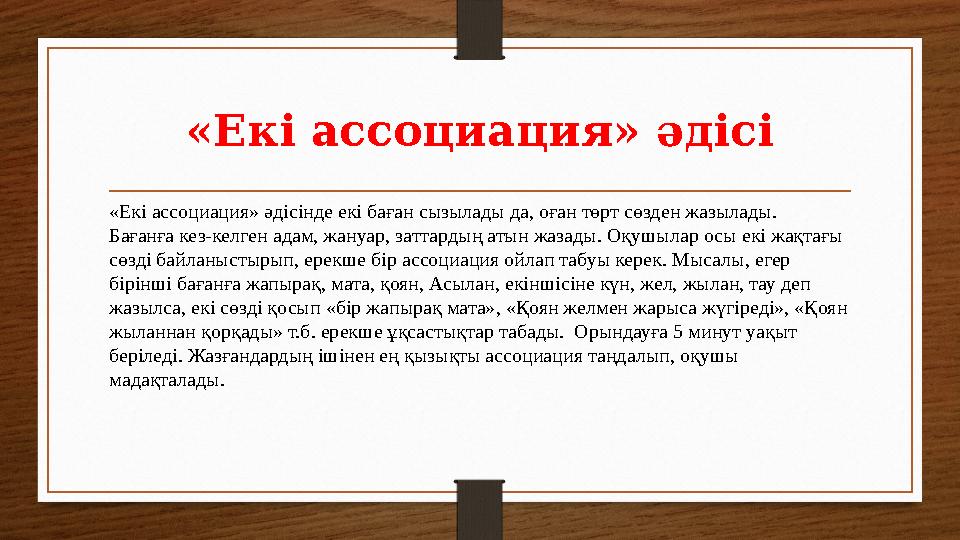 «Екі ассоциация» әдісі «Екі ассоциация» әдісінде екі баған сызылады да, оған төрт сөзден жазылады. Бағанға кез-келген адам, жа