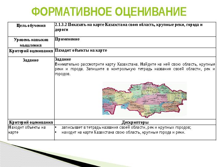 Цель обучения 2.1.3.2 Показать на карте Казахстана свою область, крупные реки, города и дороги Уровень навыков мышления