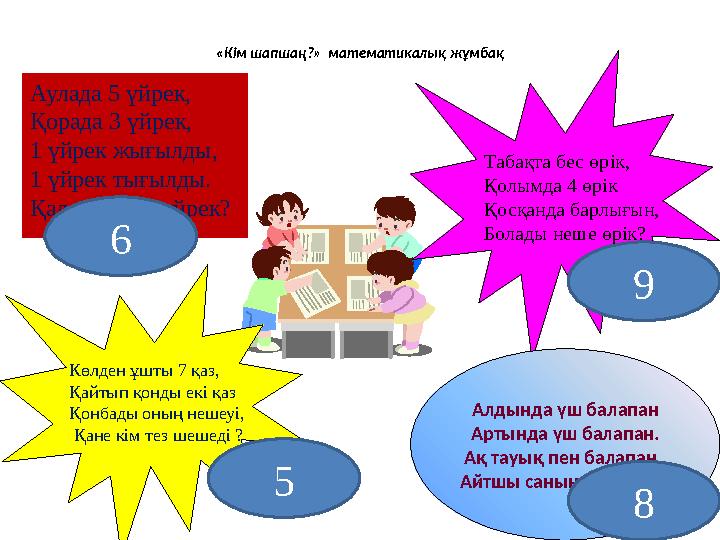 «Кім шапшаң?» математикалық жұмбақ Аулада 5 үйрек, Қорада 3 үйрек, 1 үйрек жығылды, 1 үйрек тығылды. Қалды неше үйрек? Көлден