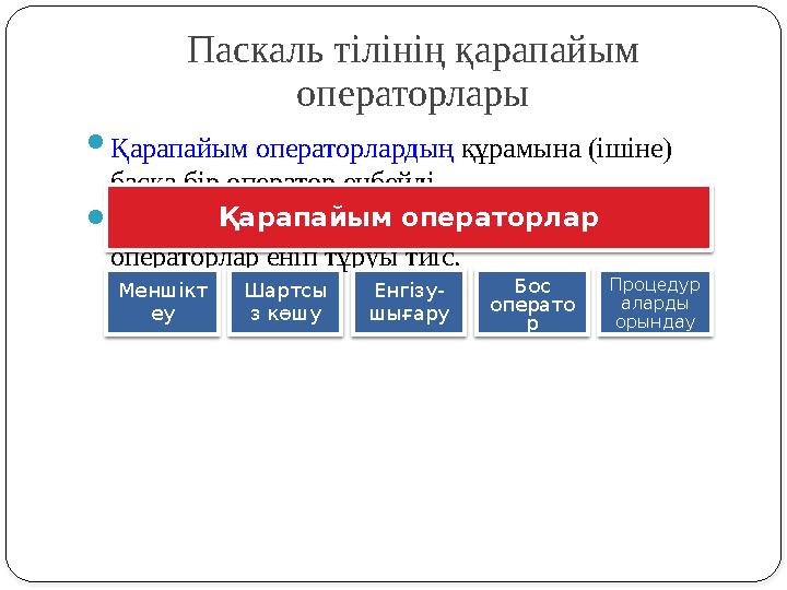 Паскаль тілінің қарапайым операторлары Қарапайым операторлардың құрамына (ішіне) басқа бір оператор енбейді. Күрделі операт