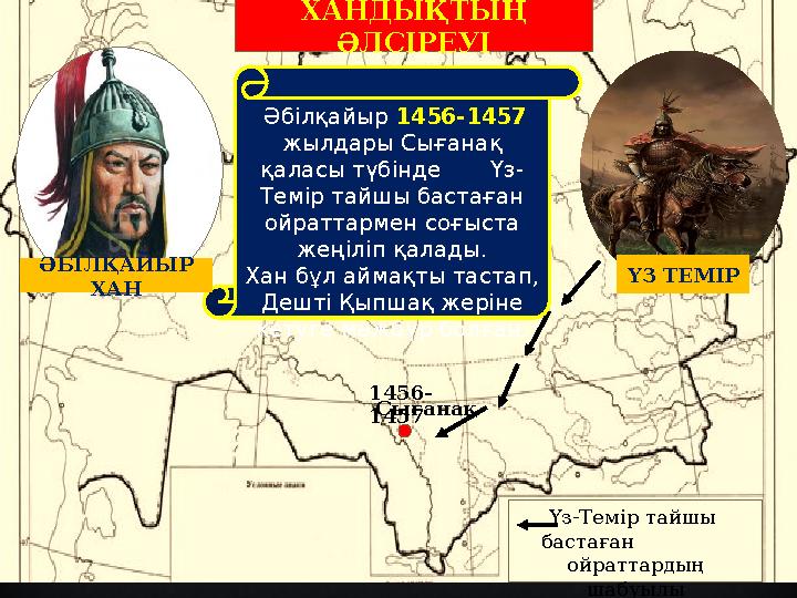 ХАНДЫҚТЫҢ ӘЛСІРЕУІ Сығанақ 1456- 1457 Үз-Темір тайшы бастаған ойраттардың шабуылы Әбілқайыр 1456-1457 жылда