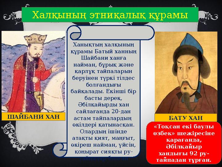 Халқының этниқалық құрамы Ханықтың халқының құрамы Батый ханның Шайбани ханға найман, бұрық және қарлұқ тайпаларын беруінен