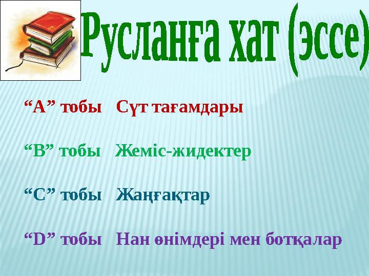 “A” тобы Сүт тағамдары “B” тобы Жеміс-жидектер “C” тобы Жаңғақтар “D” тобы Нан өнімдері мен ботқалар