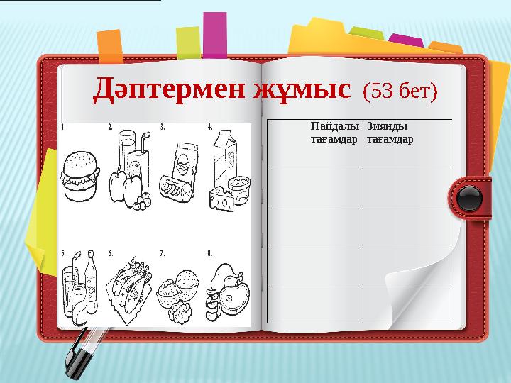 Дәптермен жұмыс (53 бет) Пайдалы тағамдар Зиянды тағамдар