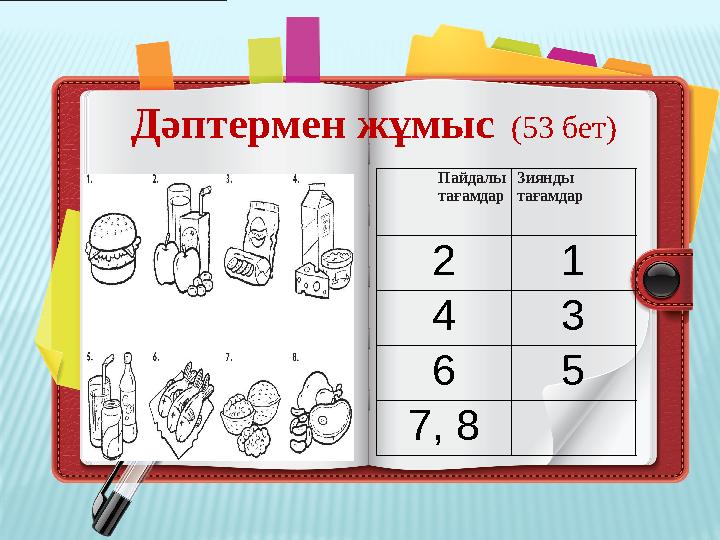 Дәптермен жұмыс (53 бет) Пайдалы тағамдар Зиянды тағамдар 2 1 4 3 6 5 7, 8