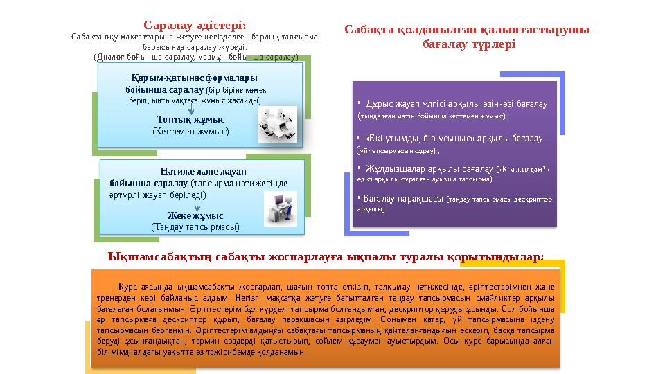 Саралау әдістері: Сабақта оқу мақсаттарына жетуге негізделген барлық тапсырма барысында саралау жүреді. (Диалог бойынша сар