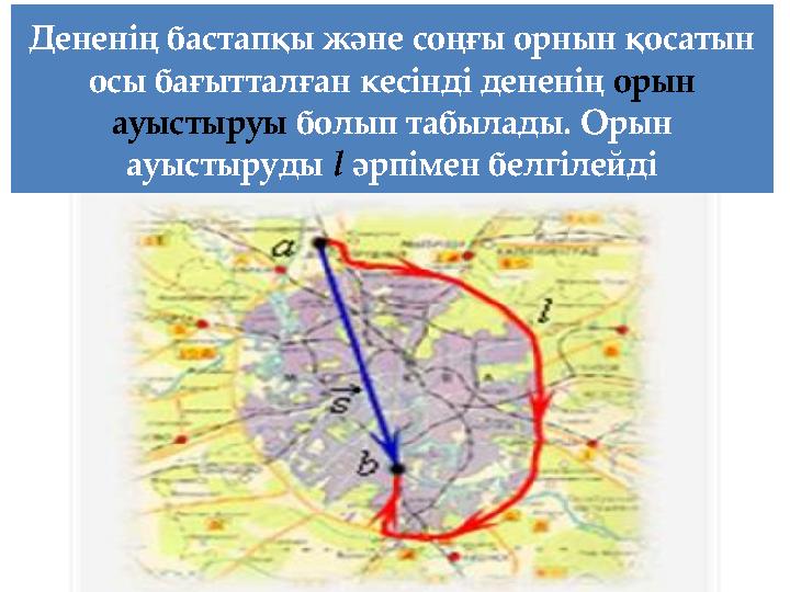 Дененің бастапқы және соңғы орнын қосатын осы бағытталған кесінді дененің орын ауыстыруы болып табылады. Орын ауыстыруды l әр