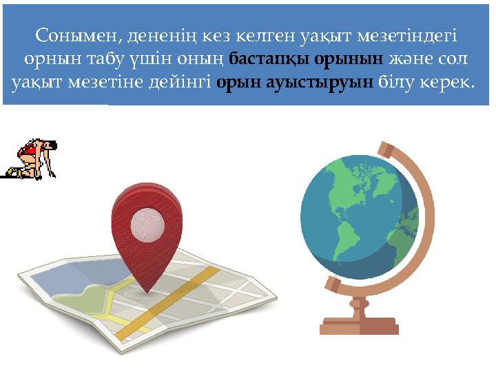Сонымен, дененің кез келген уақыт мезетіндегі орнын табу үшін оның бастапқы орынын және сол уақыт мезетіне дейінгі орын ауысты
