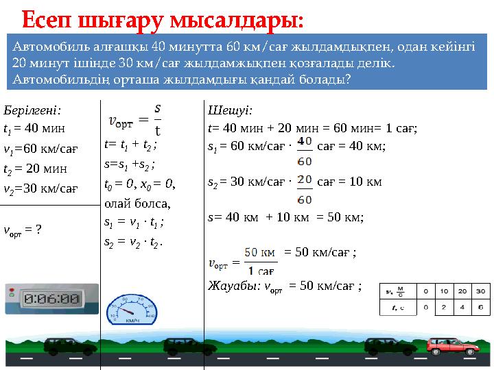 Автомобиль алғашқы 40 минутта 60 км/сағ жылдамдықпен, одан кейінгі 20 минут ішінде 30 км/сағ жылдамжықпен қозғалады делік. Авт