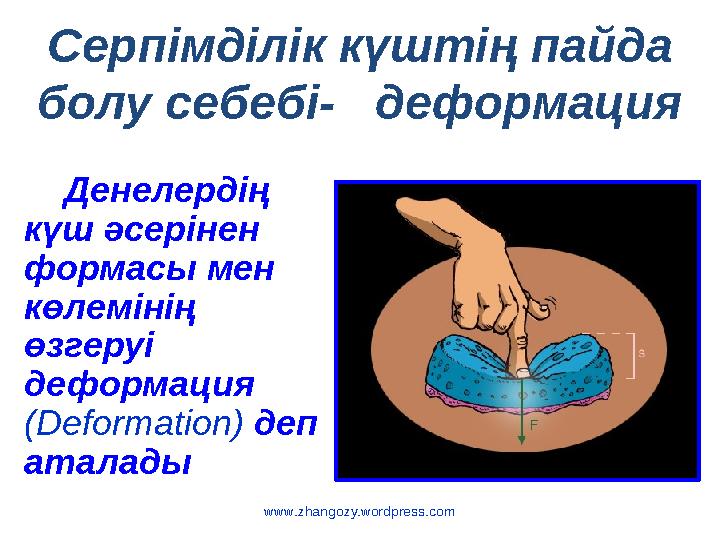 www.zhangozy.wordpress.com Серпімділік күштің пайда болу себебі- деформация Денелердің күш әсерінен формасы мен көлемі