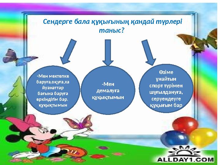 Сендерге бала құқығының қандай түрлері таныс? -Мен мектепке баруға,оқуға,ха йуанаттар бағына баруға еркіндігім бар. құқықт