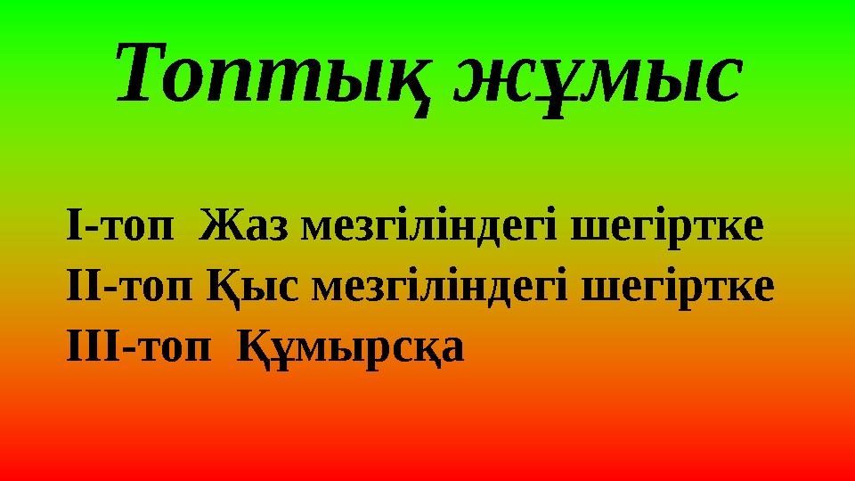 Топтық жұмыс I-топ Жаз мезгіліндегі шегіртке II-топ Қыс мезгіліндегі шегіртке III-топ Құмырсқа