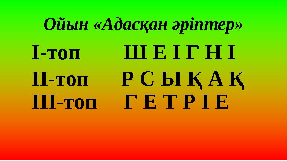 Ойын «Адасқан әріптер» I-топ Ш Е І Г Н І II-топ Р С Ы Қ А Қ III-топ Г Е Т Р І Е