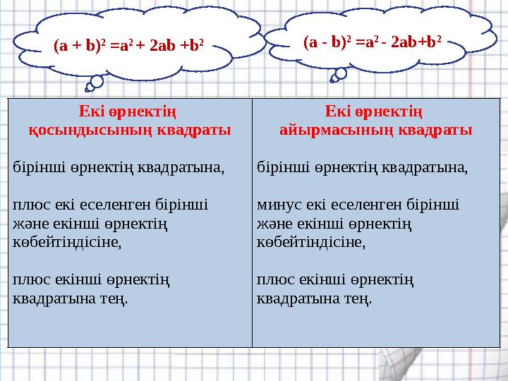 Екі өрнектің қосындысының квадраты бірінші өрнектің квадратына, плюс екі еселенген бірінші және екінші өрнектің көбейтіндісі