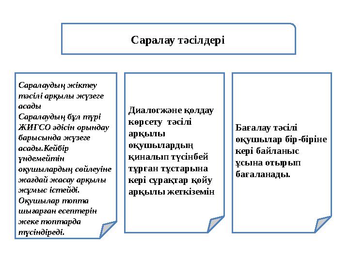 Саралаудың жіктеу тәсілі арқылы жүзеге асады Саралаудың бұл түрі ЖИГСО әдісін орындау барысында жүзеге асады.Кейбір үндем