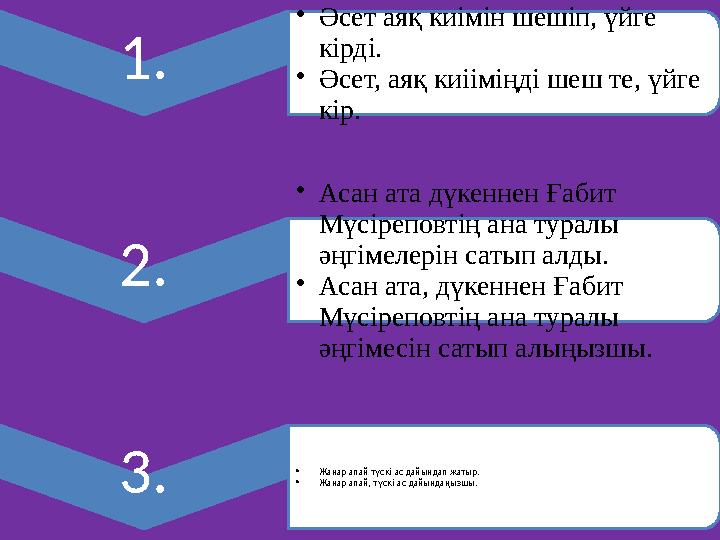 1. •Әсет аяқ киімін шешіп, үйге кірді. •Әсет, аяқ киііміңді шеш те, үйге кір. 2. •Асан ата дүкеннен Ғабит Мүсіреповтің ана т