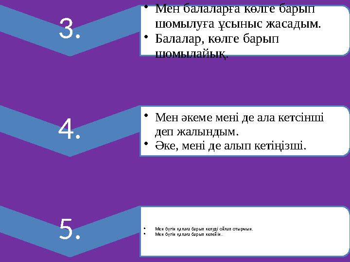 3. •Мен балаларға көлге барып шомылуға ұсыныс жасадым. •Балалар, көлге барып шомылайық. 4. •Мен әкеме мені де ала кетсінші де