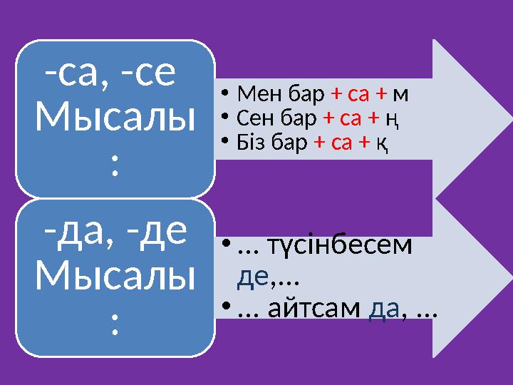 -са, -се Мысалы : •Мен бар + са + м •Сен бар + са + ң •Біз бар + са + қ -да, -де Мысалы : •... түсінбесем де,... •... айтсам