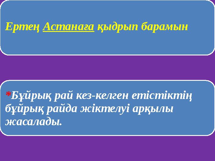 Ертең Астанаға қыдрып барамын *Бұйрық рай кез-келген етістіктің бұйрық райда жіктелуі арқылы жасалады.