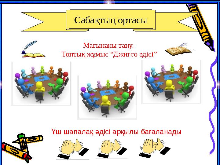 Сабақтың ортасы Мағынаны тану. Топтық жұмыс “Джигсо әдісі” Үш шапалақ әдісі арқылы бағаланады