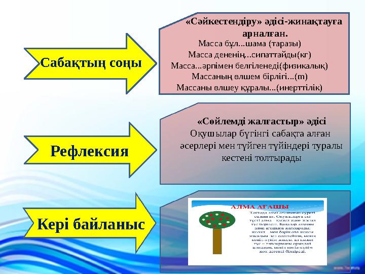 «Сәйкестендіру» әдісі-жинақтауға арналған. Масса бұл...шама (таразы) Масса дененің...сипаттайды(кг) Масса...әрпімен белгіленед