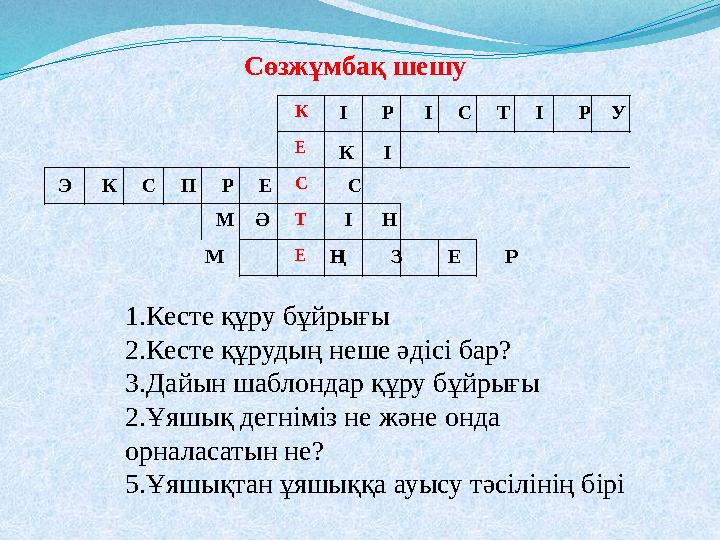 К Е С Т Е 1.Кесте құру бұйрығы 2.Кесте құрудың неше әдісі бар? 3.Дайын шаблондар құру бұйрығы 2.Ұяшық дегніміз