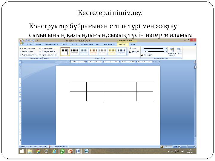 Кестелерді пішімдеу. Конструктор бұйрығынан стиль түрі мен жақтау сызығының қалыңдығын,сызық түсін өзгерте аламыз