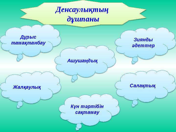 Денсаулықтың дұшпаны Дұрыс тамақтанбау Зиянды әдеттер Салақтық Күн тәртібін сақтамау Жалқаулық Ашушаңдық
