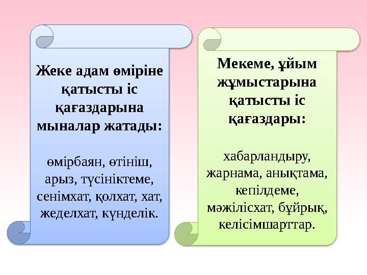 Мекеме, ұйым жұмыстарына қатысты іс қағаздары: хабарландыру, жарнама, анықтама, кепілдеме, мәжілісхат, бұйрық, келісімша