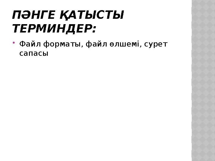 ПӘНГЕ ҚАТЫСТЫ ТЕРМИНДЕР: Файл форматы, файл өлшемі, сурет сапасы