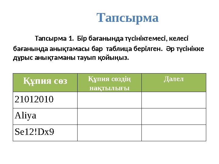 Тапсырма Тапсырма 1. Бір бағанында түсініктемесі, келесі бағанында анықтамасы бар таблица берілген. Әр түсінікке дұрыс анық