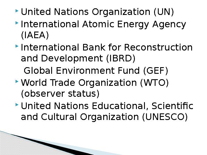United Nations Organization (UN) International Atomic Energy Agency (IAEA) International Bank for Reconstruction and De