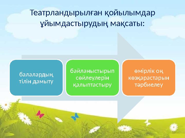 Театрландырылған қойылымдар ұйымдастырудың мақсаты: балалардың тілін дамыту байланыстырып сөйлеулерін қалыптастыру өмірлік о