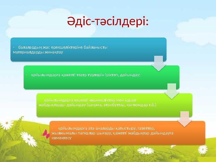 Әдіс-тәсілдері: - балалардың жас ерекшеліктеріне байланысты материалдарды жинақтау - қойылымдарға қажетті театр түрл