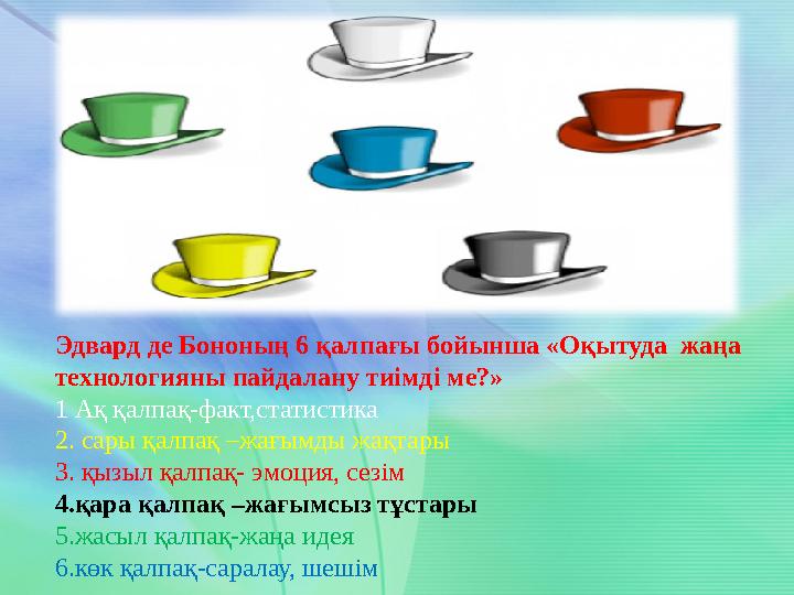 Эдвард де Бононың 6 қалпағы бойынша «Оқытуда жаңа технологияны пайдалану тиімді ме?» 1 Ақ қалпақ-факт,статистика 2. сары қалп