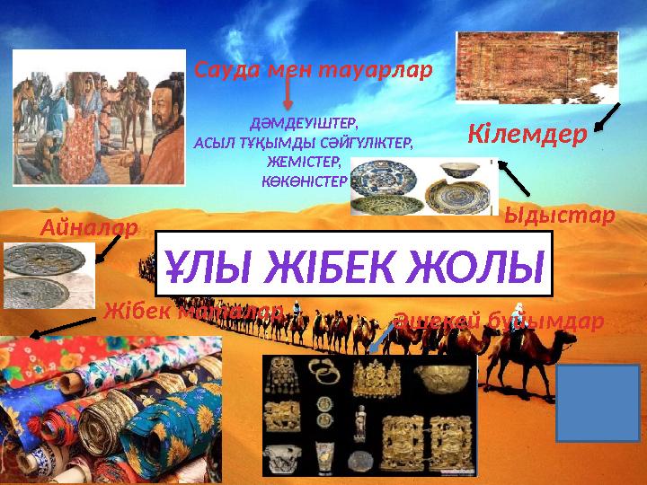 ҰЛЫ ЖІБЕК ЖОЛЫ Сауда мен тауарлар ДӘМДЕУІШТЕР, АСЫЛ ТҰҚЫМДЫ СӘЙГҮЛІКТЕР, ЖЕМІСТЕР, КӨКӨНІСТЕР Кілемдер Ыдыстар Жібек маталар Ай