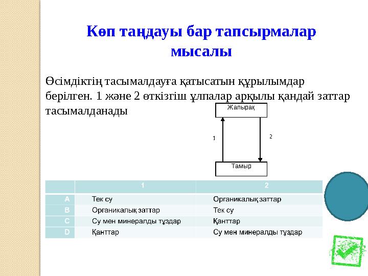 Көп таңдауы бар тапсырмалар мысалы Өсімдіктің тасымалдауға қатысатын құрылымдар берілген. 1 және 2 өткізгіш ұлпалар арқылы