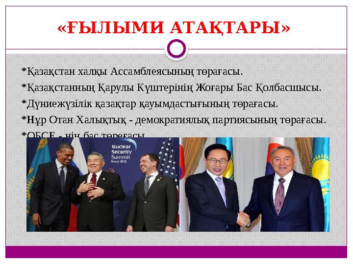 «ҒЫЛЫМИ АТАҚТАРЫ» *Қазақстан халқы Ассамблеясының төрағасы. *Қазақстанның Қарулы Күштерінің Жоғары Бас Қолбасшысы. *Дүниежүзі