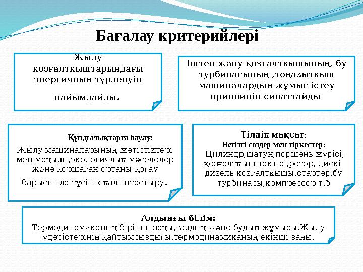 Жылу машиналарының жетістіктері мен маңызы,экологиялық мәселелер және қоршаған ортаны қоғау барысында түсінік қалыптастыру .Б