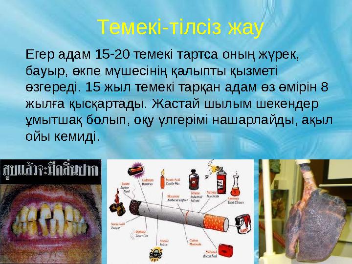 Темекі-тілсіз жау Егер адам 15-20 темекі тартса оның жүрек, бауыр, өкпе мүшесінің қалыпты қызметі өзгереді. 15 жыл темекі та