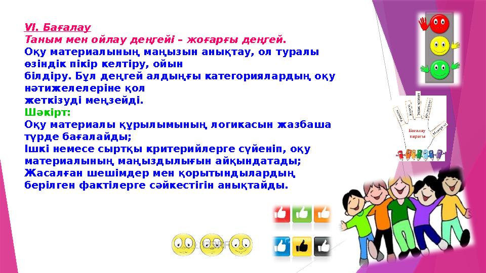 VІ. Бағалау Таным мен ойлау деңгейі – жоғарғы деңгей. Оқу материалының маңызын анықтау, ол туралы өзіндік пікі
